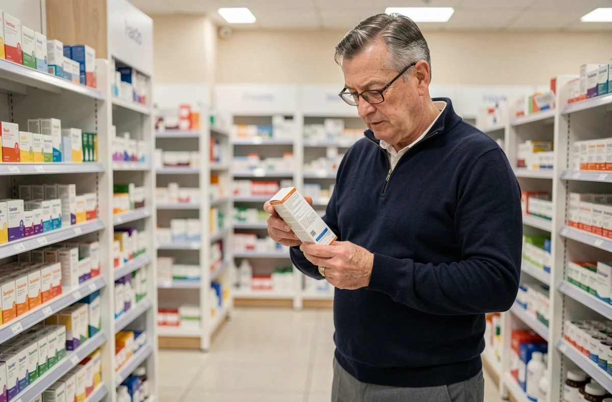 Homme senior lisant l'étiquette d'un complément alimentaire en pharmacie