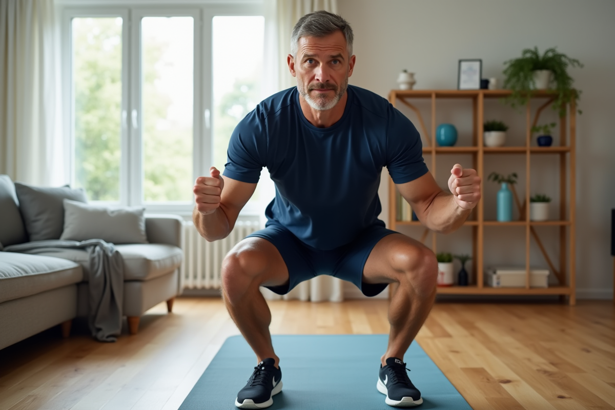 Homme faisant des squats dans un salon lumineux