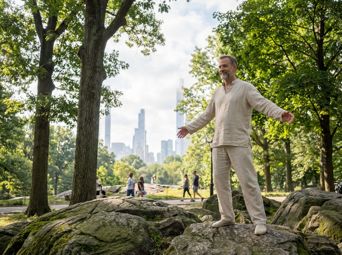 Homme pratiquant le tai chi dans un parc urbain verdoyant