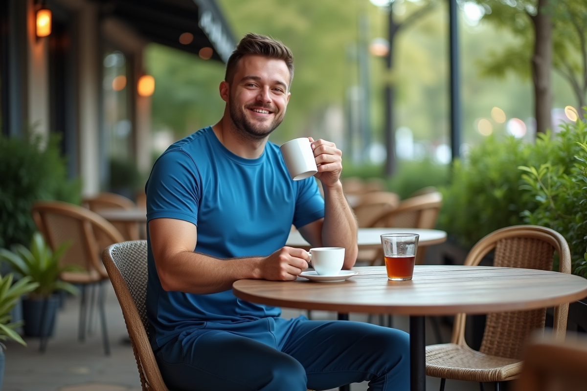 Homme buvant une tisane dans un café en plein air