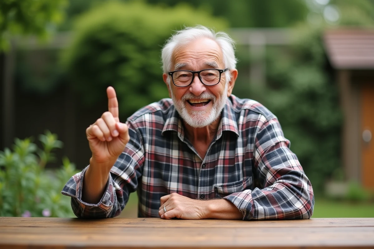 Homme âgé pointant son petit doigt dans le jardin