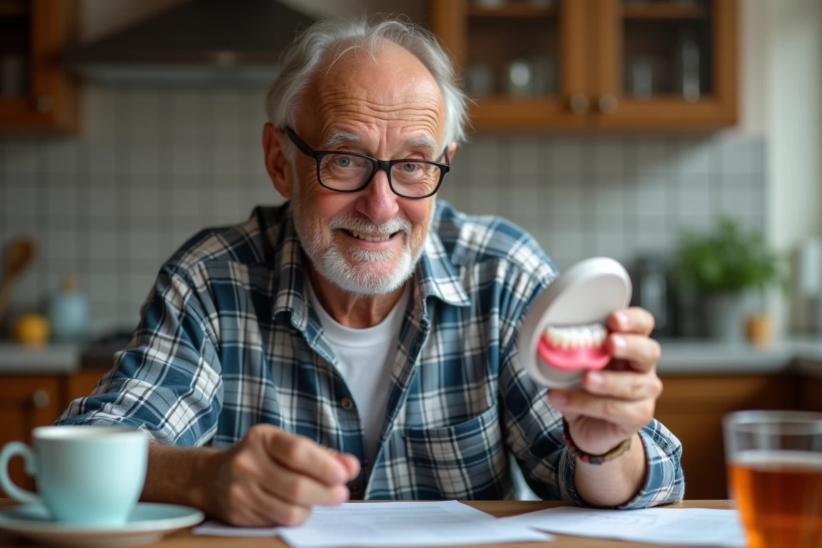 Homme âgé examinant sa prothese dentaire à la maison
