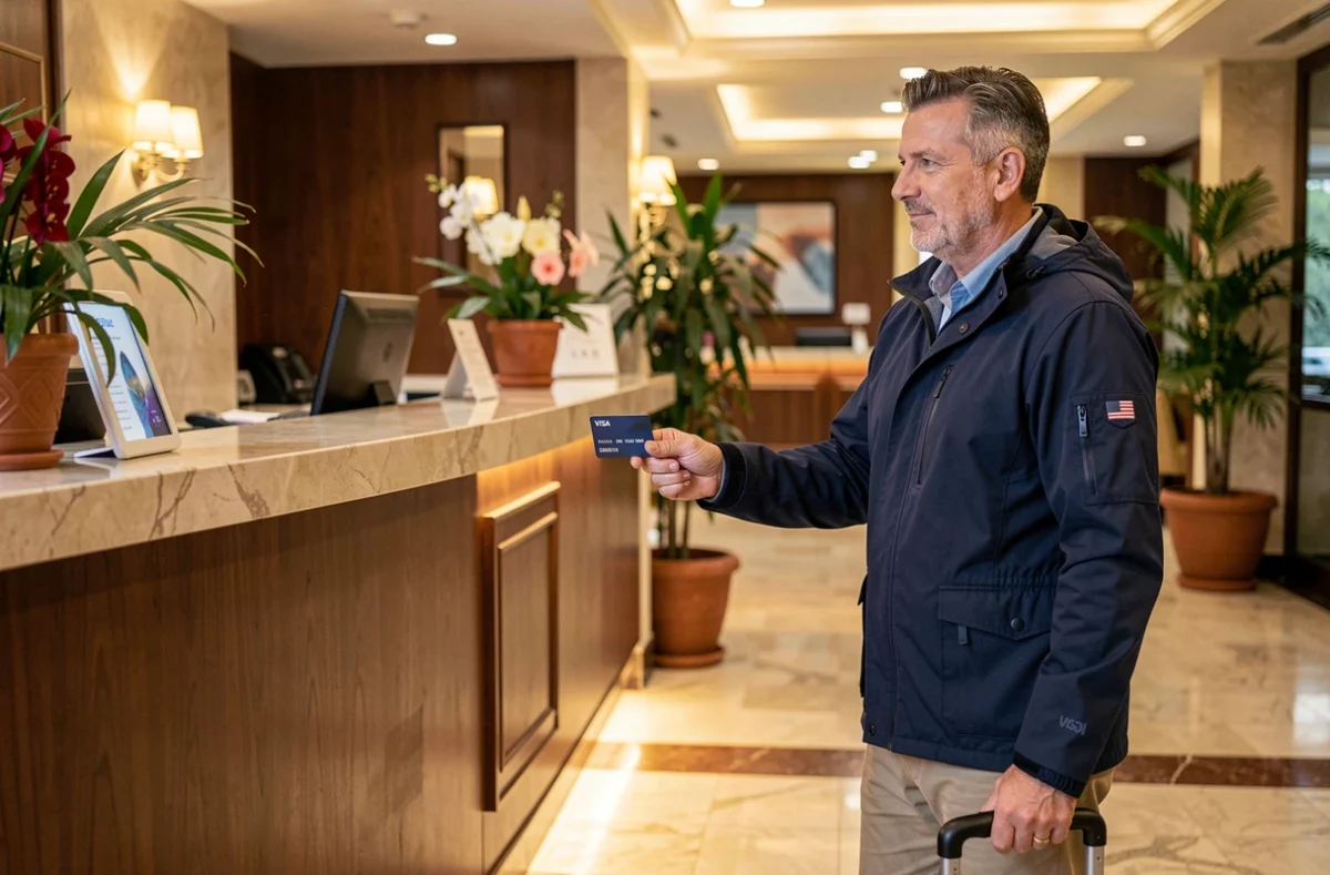 Homme présentant sa carte Visa Platinum à la réception d'un hôtel lors d'un voyage à l'étranger