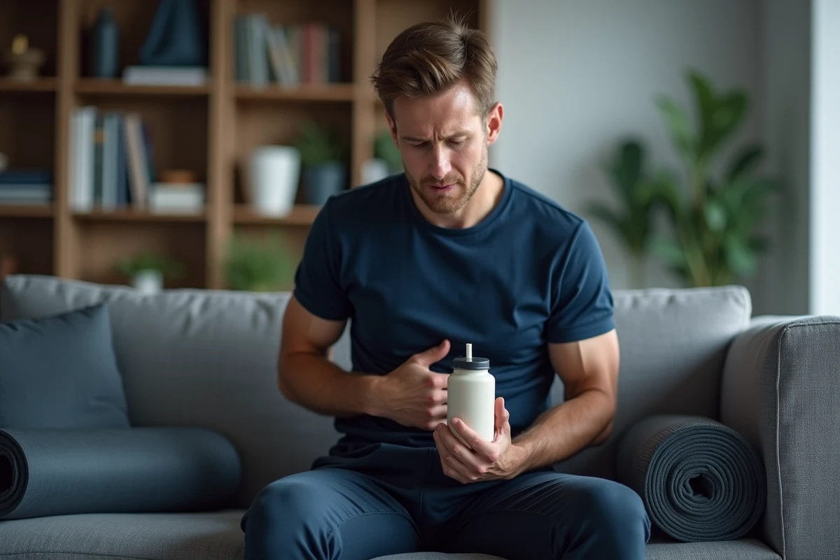 Homme tenant son ventre avec un shaker protéiné à la main, illustrant les inconforts digestifs et odeurs de pet comme des œufs pourris liés à une alimentation riche en protéines