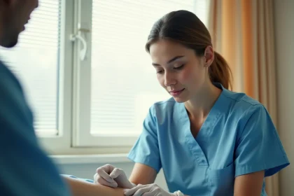 Infirmière appliquant un pansement stérile sur le bras d'un patient dans une chambre d'hôpital, geste technique et soin pratique en milieu hospitalier