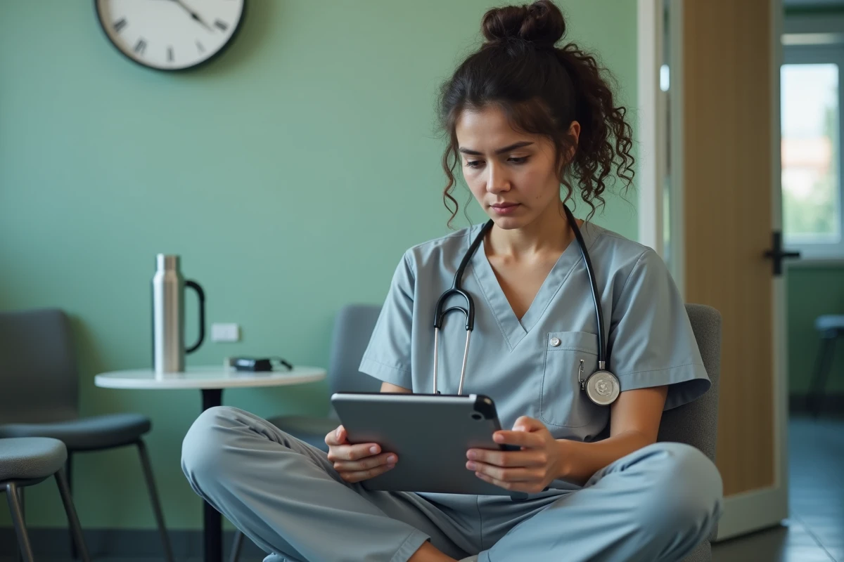 Infirmière consultant les paramètres du portail Medisys sur une tablette dans une salle de pause hospitalière