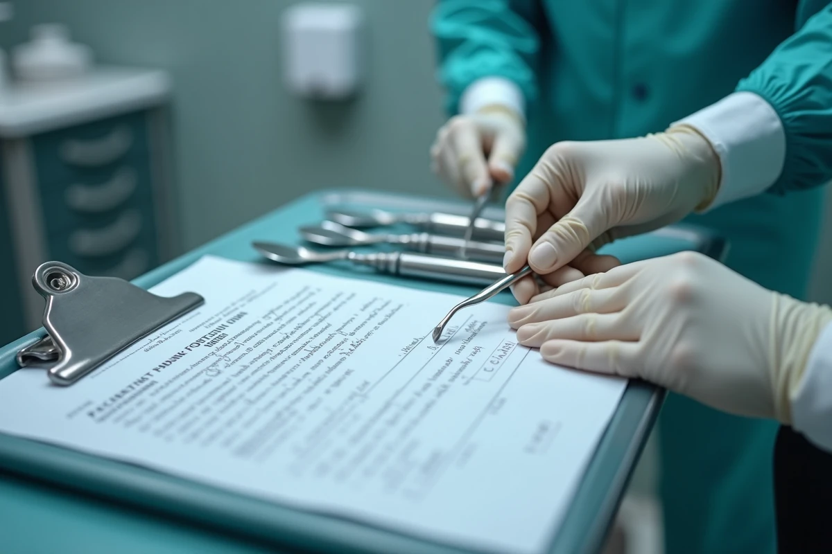 Instruments chirurgicaux dentaires stériles et formulaire de consentement éclairé posés sur un plateau clinique, symbolisant les précautions avant une chirurgie dentaire