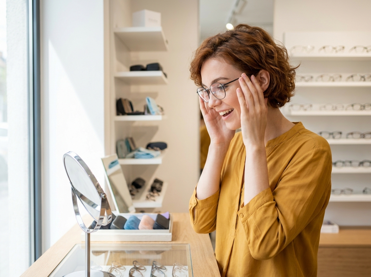 Jeune femme satisfaite essayant de nouvelles lunettes devant un miroir dans une boutique d'optique contemporaine