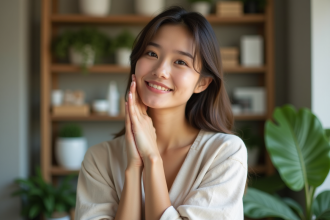 Jeune femme regardant sa peau naturelle en intérieur