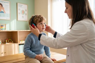 Jeune garçon en séance d'audition dans une clinique moderne