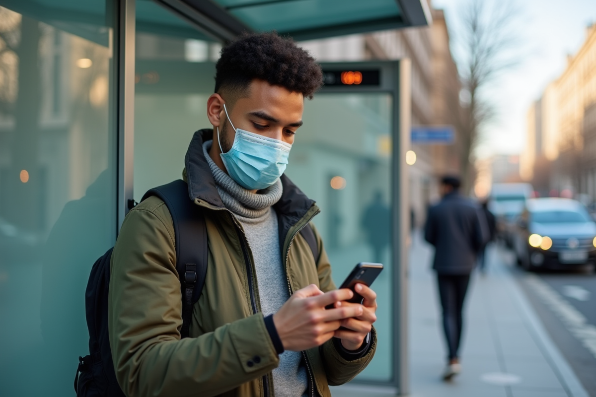 Jeune homme à un arrêt de bus vérifiant son smartphone