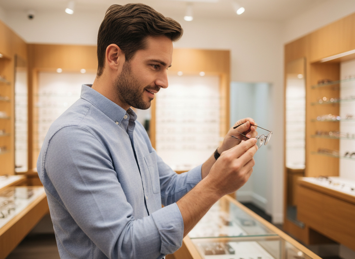 Jeune homme regardant une monture de lunettes dans une boutique