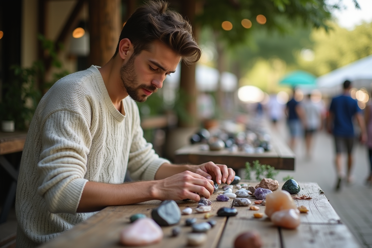Jeune homme choisissant une pierre dans un marché en plein air