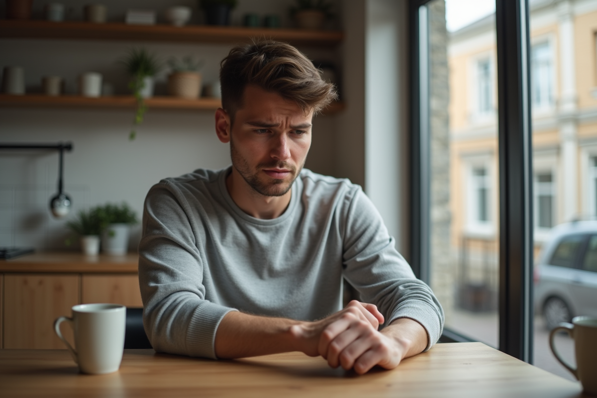 Jeune homme dans une cuisine examine son poignet
