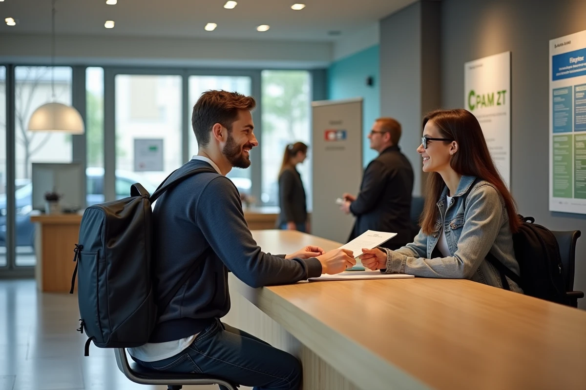 Jeune homme parlant avec une réceptionniste dans un bureau CPAM
