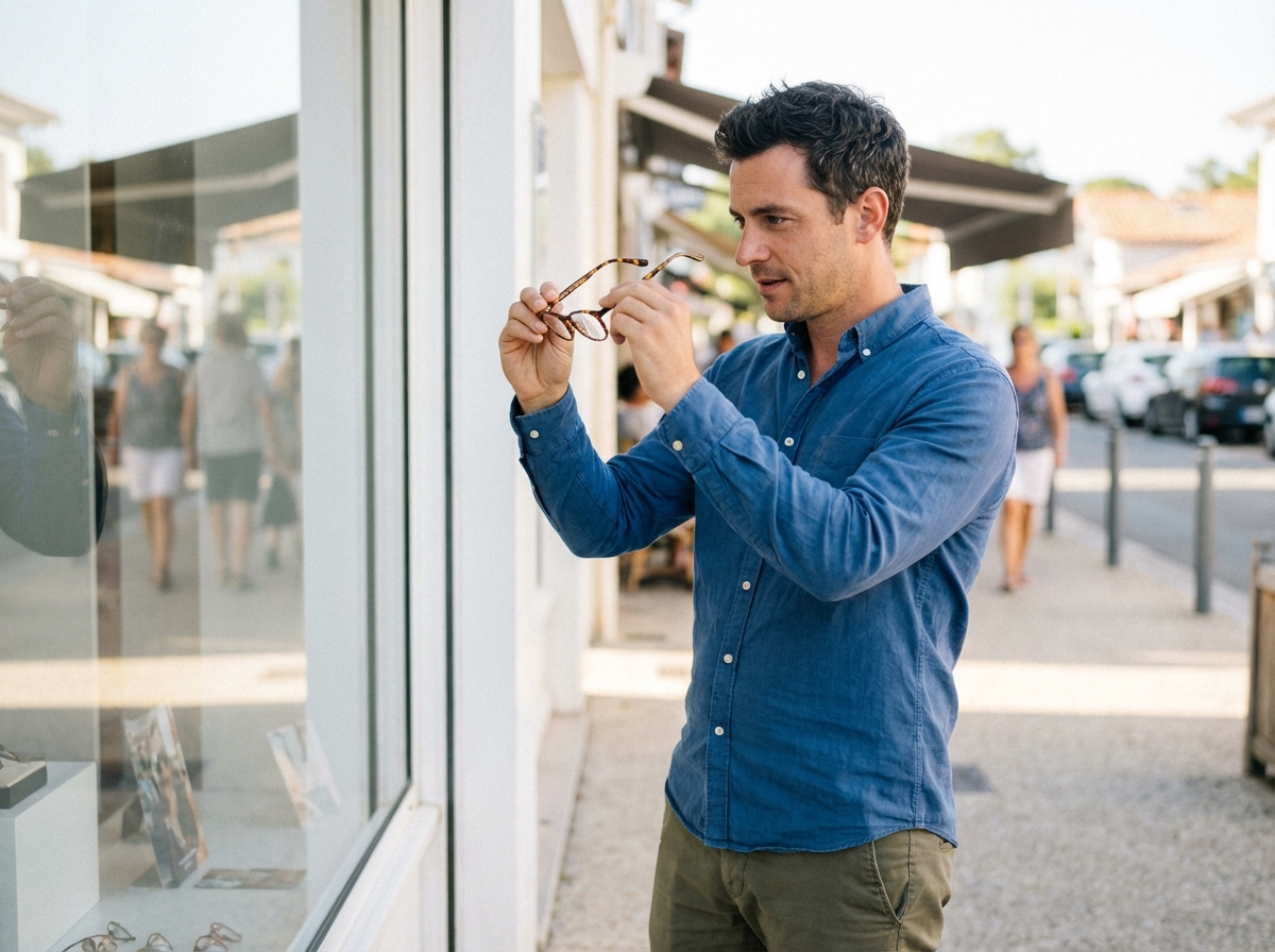 Jeune homme examinant des lunettes devant une vitrine en ville