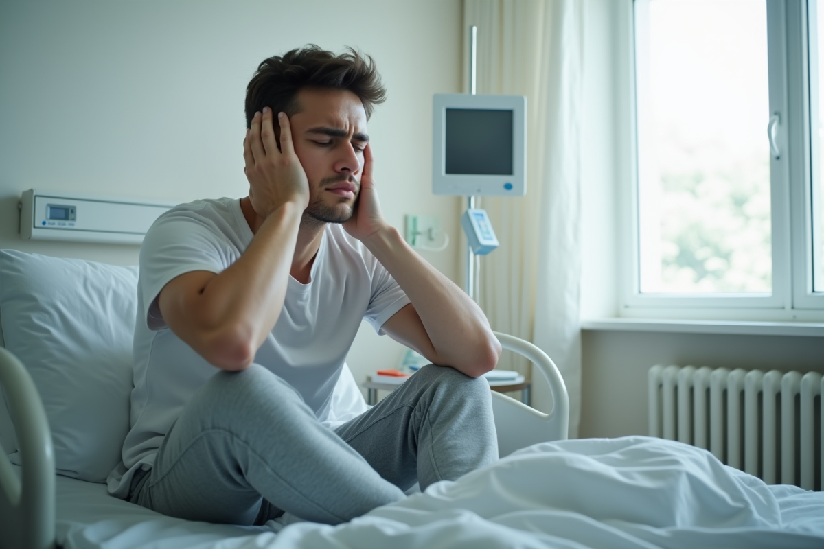 Jeune homme malade assis sur un lit d