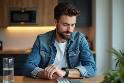 Jeune homme en denim vérifiant sa montre dans la cuisine