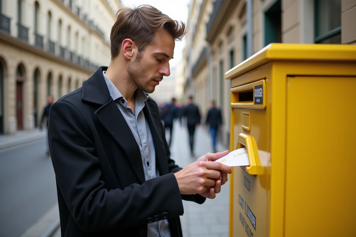 Jeune homme postant une Carte Vitale dans une bo&icirc;te aux lettres
