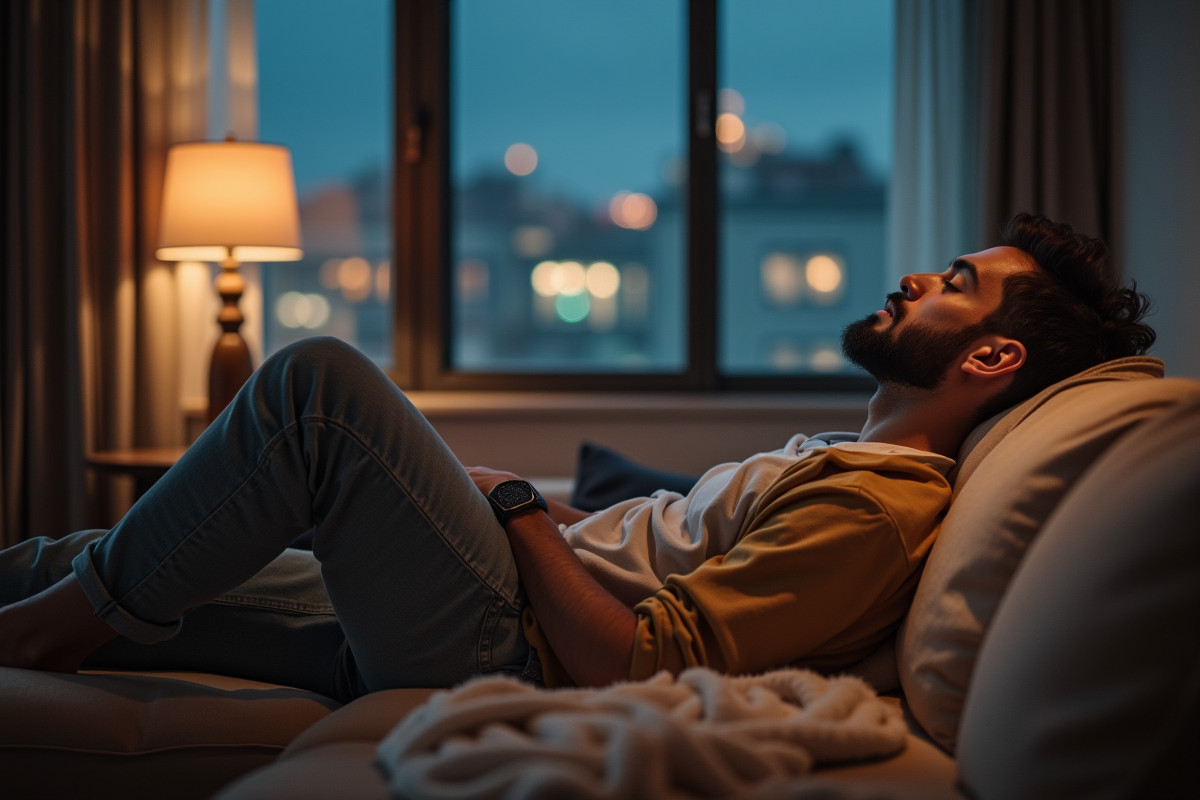 Jeune homme relaxe regardant la ville la nuit