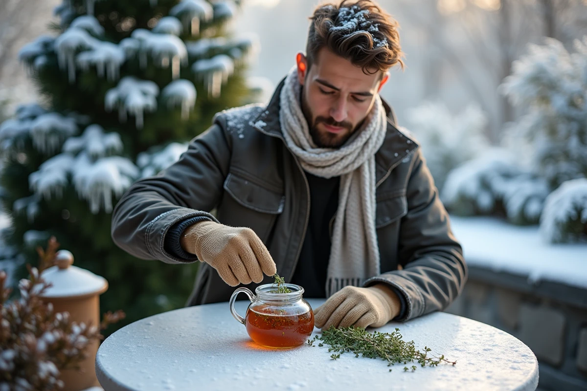 Jeune homme versant des feuilles de thym dans une th&eacute;i&egrave;re