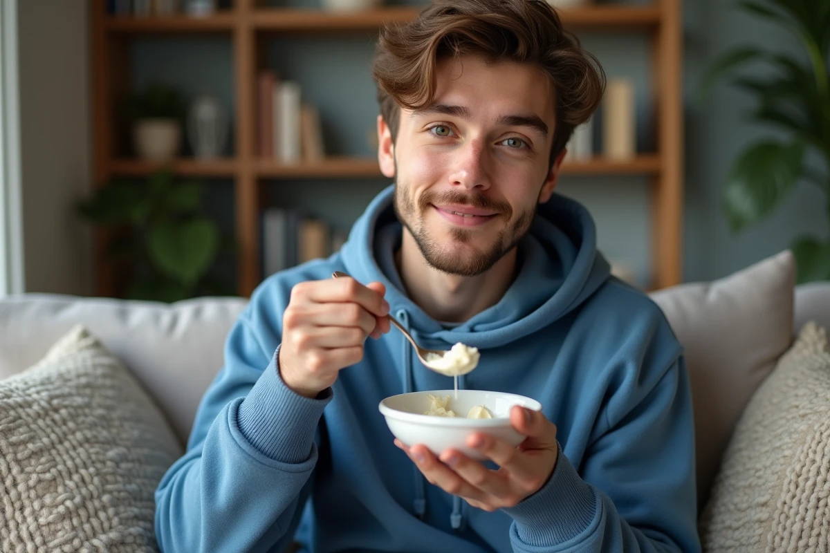 Jeune homme mangeant du yaourt dans un salon confortable