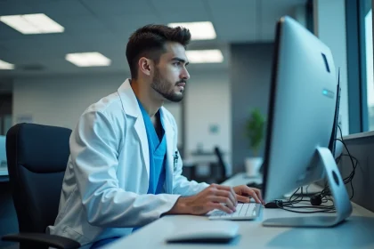 Jeune interne m&eacute;dical en blouse blanche au bureau hospitalier