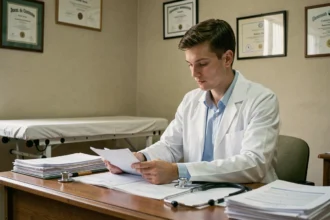 Jeune médecin généraliste en cabinet libéral consultant des documents liés à la loi Rist sur l'installation médicale