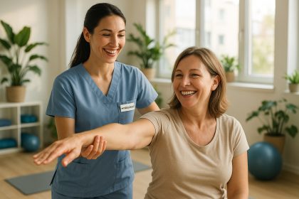 Photo d'une kinésithérapeute souriante guidant un client dans une salle lumineuse