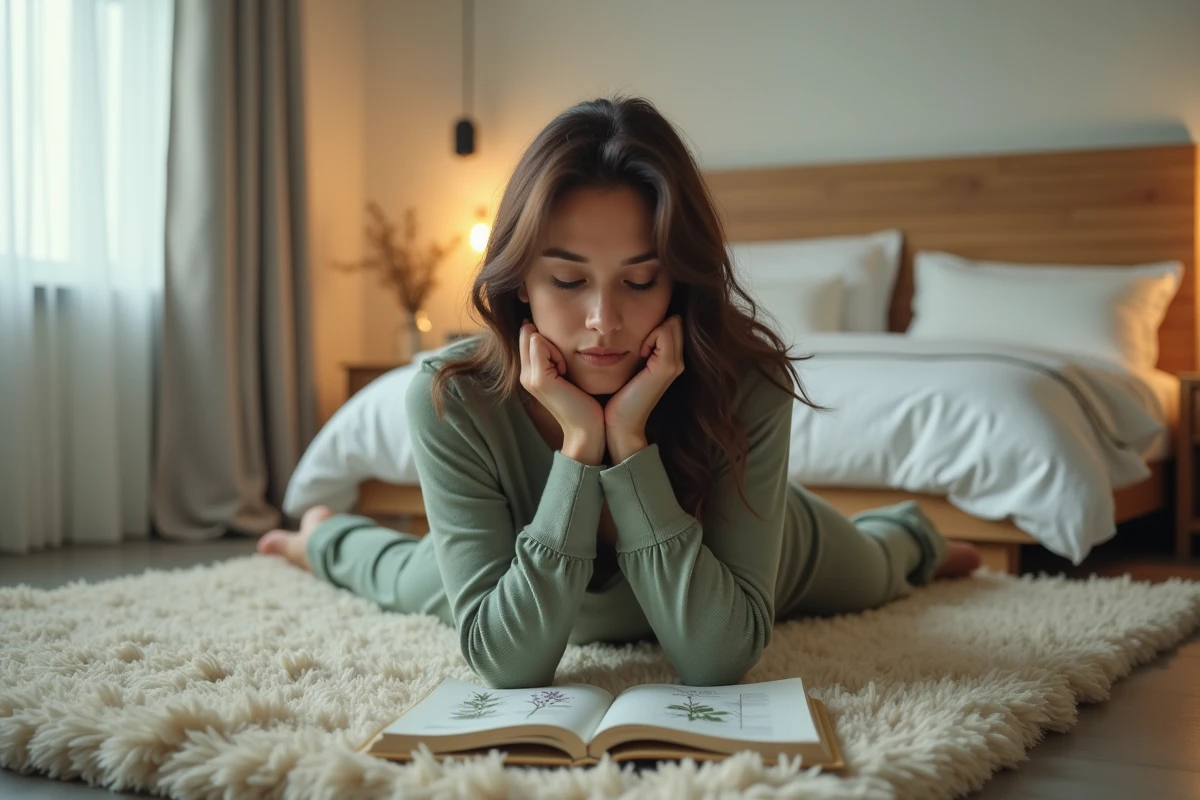 Jeune femme allongée sur un tapis en laine lisant un magazine bien-être illustré de botaniques dans une chambre minimaliste le soir