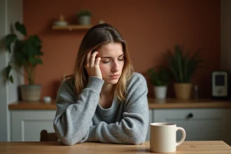 Femme aux traits tendus tenant sa mâchoire, assise seule dans une cuisine, illustrant le lien entre stress émotionnel et douleurs de la mâchoire