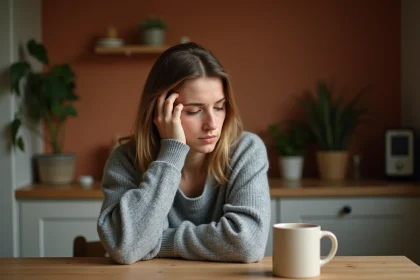 Femme aux traits tendus tenant sa mâchoire, assise seule dans une cuisine, illustrant le lien entre stress émotionnel et douleurs de la mâchoire