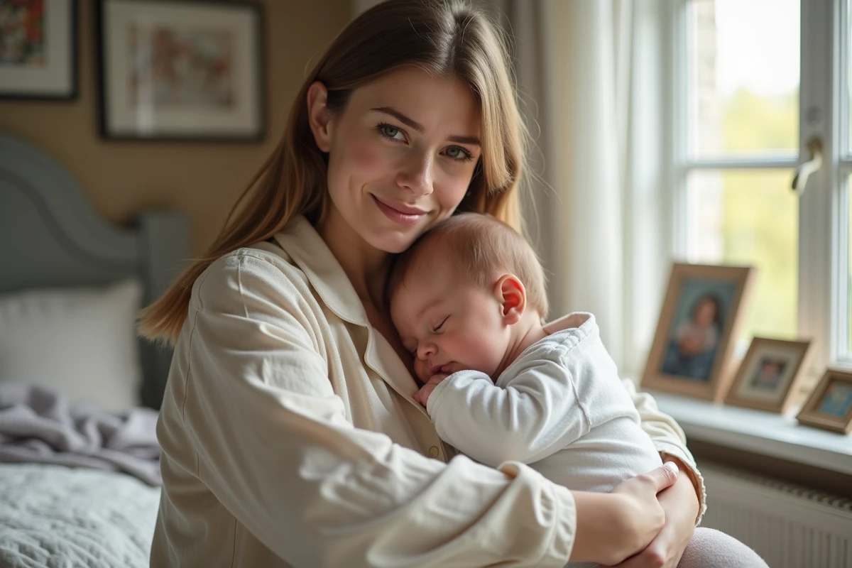 Maman souriante tenant son bébé dans un cadre familial chaleureux