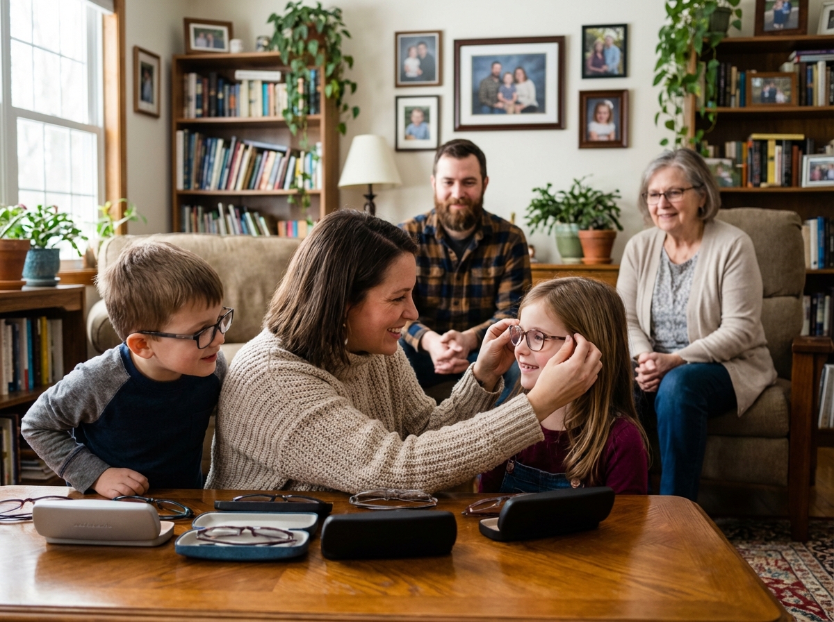 Maman aidant ses enfants &agrave; essayer des lunettes &agrave; la maison