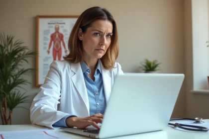 Médecin connectée au portail Medisys sur un ordinateur portable dans un bureau médical moderne