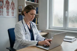 Médecin généraliste en consultation analysant des données sur un nouveau variant Covid en 2026