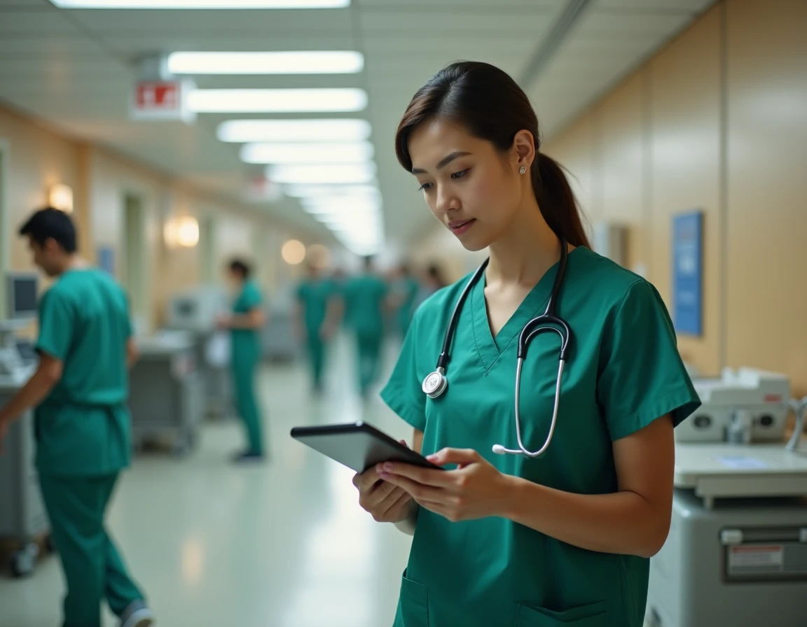 Médecin urgentiste priorisant une demande de scanner abdominal injecté en urgence sur tablette hospitalière