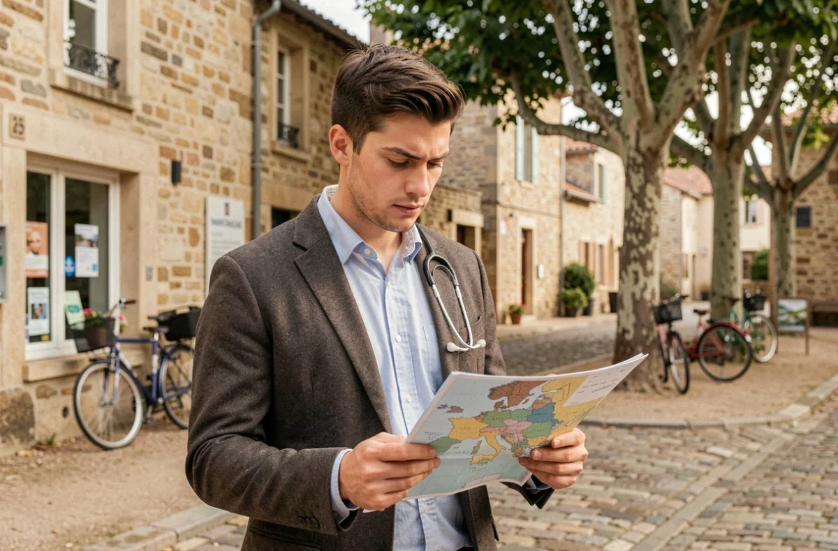 Jeune médecin évaluant une zone rurale sous-médicalisée en France, enjeux d'installation liés à la loi Rist