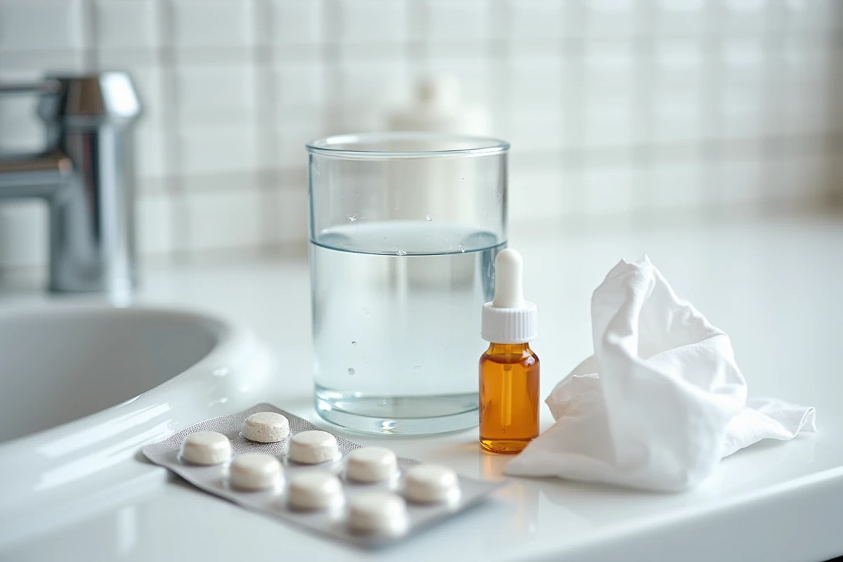 Comprimés pour la gorge, sirop antiacide et verre d'eau sur un plan de salle de bain, évoquant le traitement du mal de gorge et du reflux gastrique