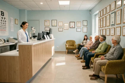 Salle d'attente d'une clinique ophtalmologique moderne en Nouvelle-Aquitaine avec réceptionniste et patients