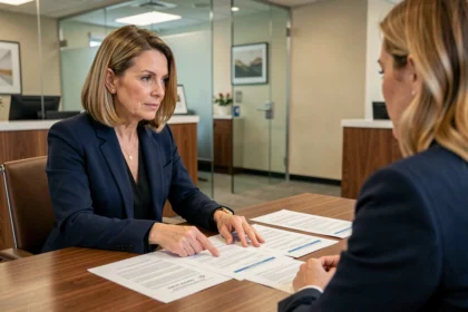 Femme négociant son assurance emprunteur avec un conseiller bancaire dans une agence moderne