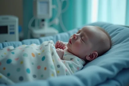 Nourrisson endormi dans un lit d'h&ocirc;pital avec d&eacute;tails m&eacute;dicaux