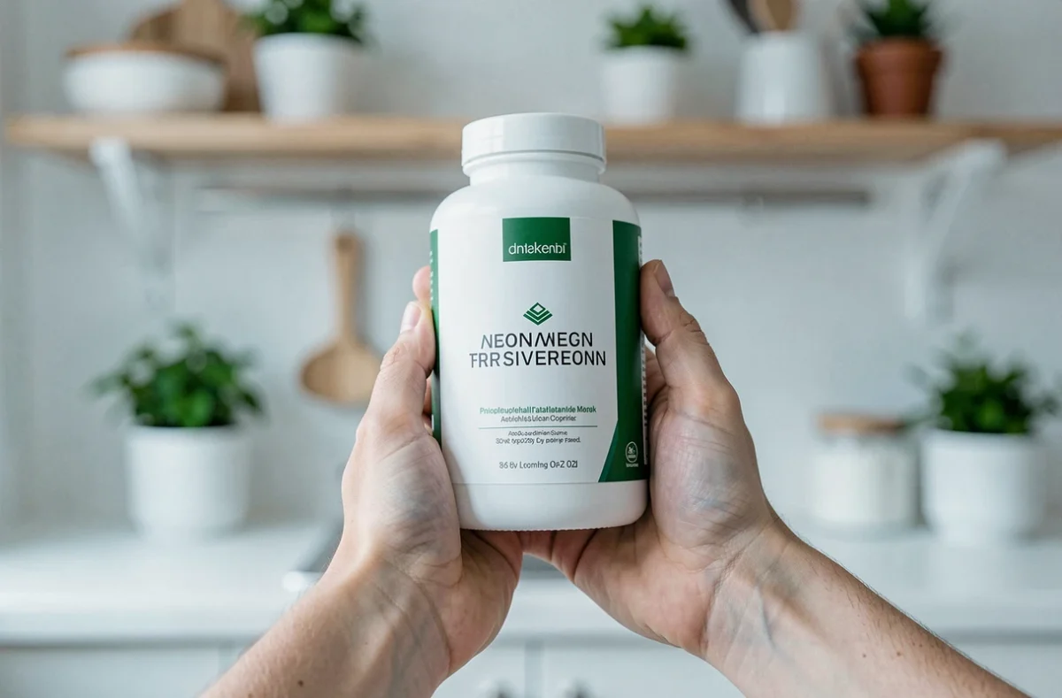 Mains tenant un flacon de probiotiques bio Novoma avec prébiotiques intégrés sur fond de cuisine nordique épurée.