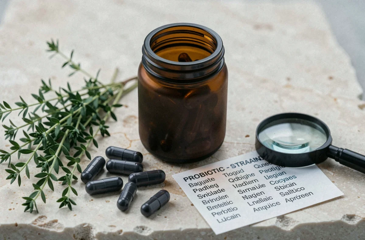Flacon de probiotiques bio Nutri&Co à large spectre de souches posé sur une surface en pierre avec des capsules et une loupe.
