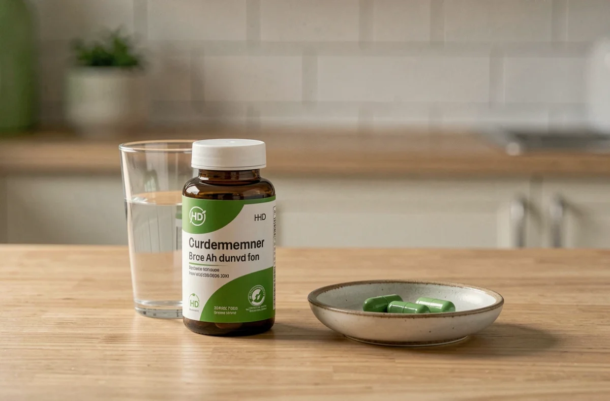 Flacon compact de probiotiques bio Nutrimea avec un verre d'eau et des gélules sur une table de cuisine domestique en bois.