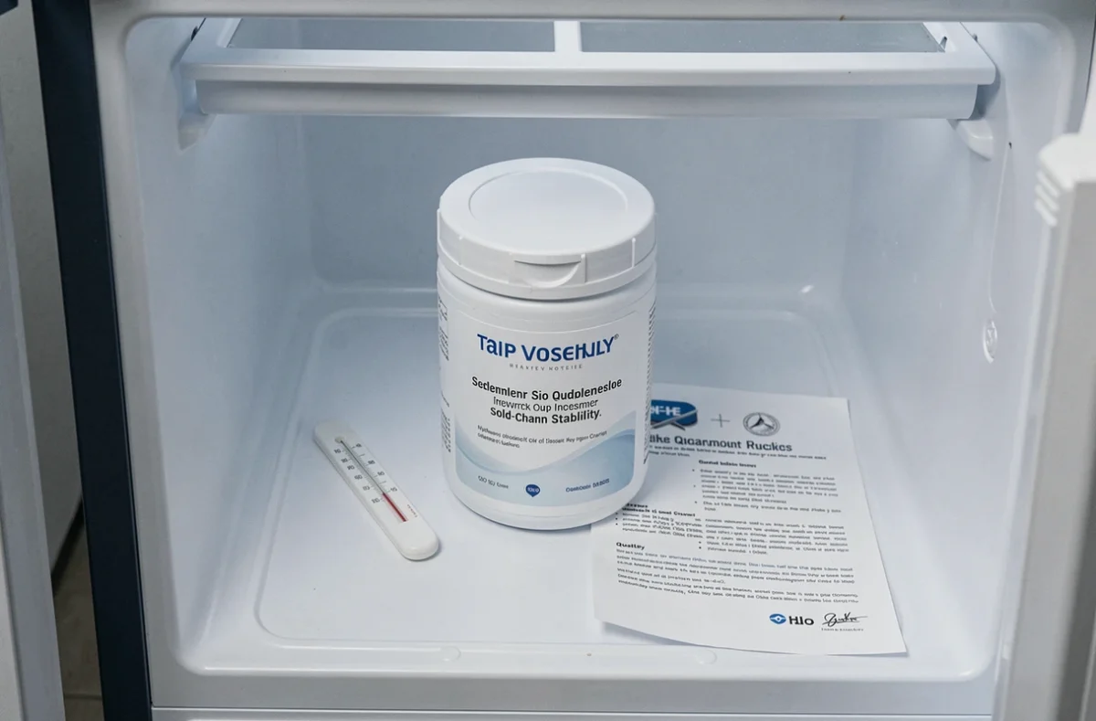 Contenant de probiotiques bio Nutripure Pure Bio² dans un tiroir réfrigéré avec thermomètre, illustrant la stabilité des souches.