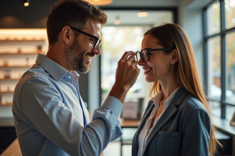 Opticien ajustant des lunettes stylées dans une boutique lumineuse