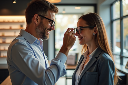 Opticien ajustant des lunettes stylées dans une boutique lumineuse