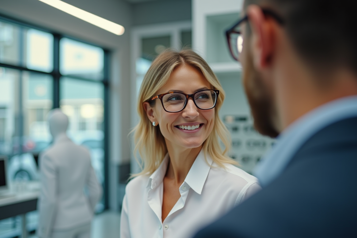 Opticien aidant un client dans un magasin lumineux