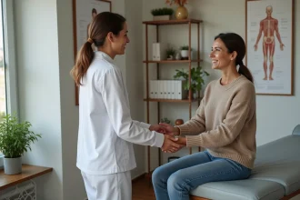 Osteopathe femme accueille une cliente dans un cabinet